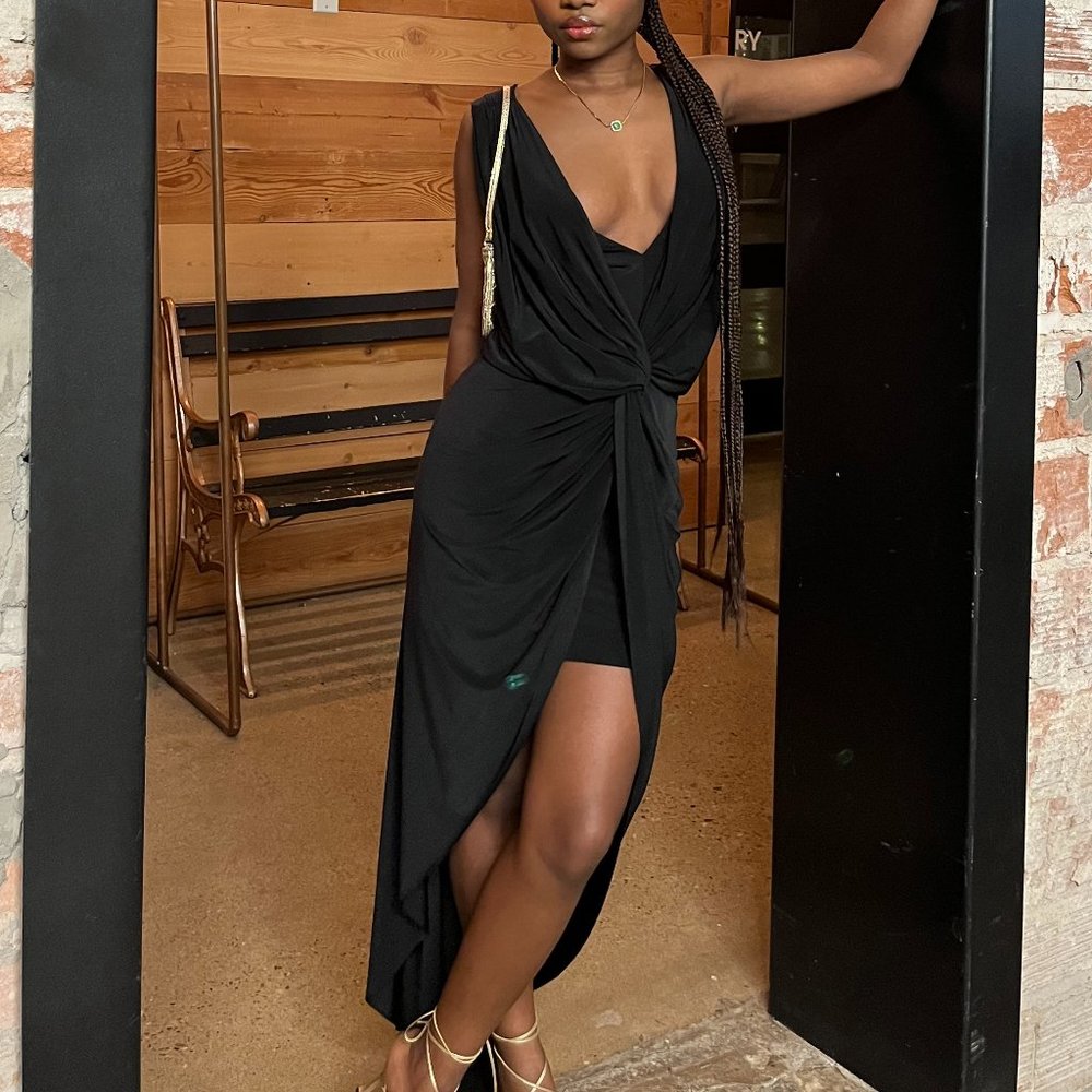 MISA Leza Black Gathered Crossover Sleeveless Tulip Maxi Dress